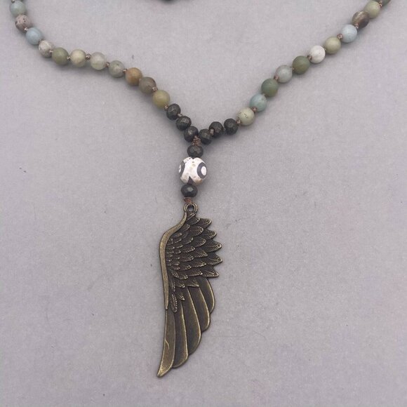 Angel Wing Amazonite Picasso Jasper and Pyrite Necklace 34 Inches - Picture 2 of 6
